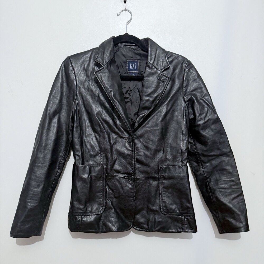 VINTAGE GAP Women's Black Leather Blazer Jacket Y2K 2000s Classic Moto Chic Rock